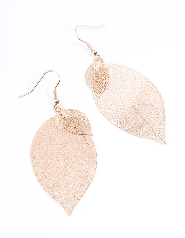 Gold Double Leaf Drop Earrings