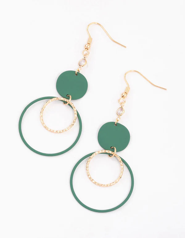 Green Disc & Open Circle Drop Earrings