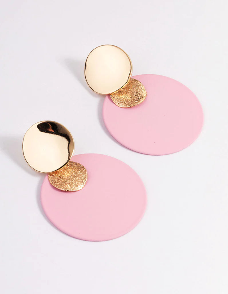 Pink Circle Disc Drop Earrings