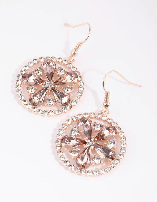 Rose Gold Diamante Flower Wheel Drop Earrings